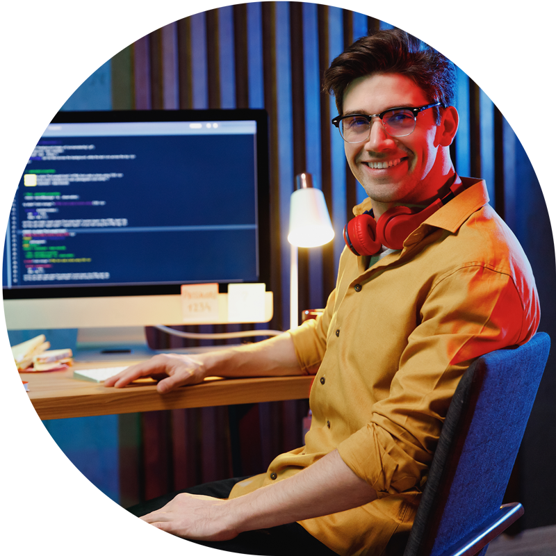 happy guy developing software.