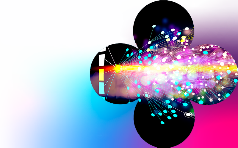 Business professionals in a digital environment symbolically balancing a scale, with abstract representations of trust and security on either side