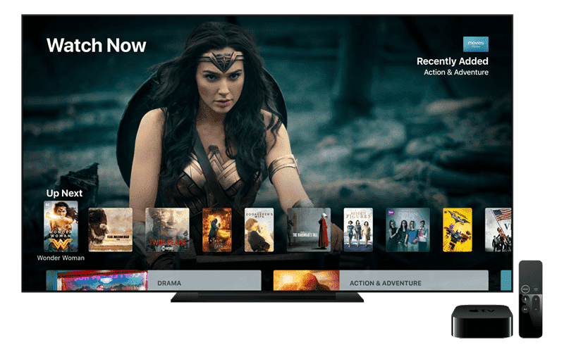 Television displaying Apple TV software and Apple TV product on side of television